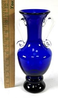 Large Cobalt Blue Glass Vase with Clear Scroll Handles.  12" tall