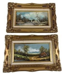 Two (2) Gilt Framed Oil on Canvas Landscapes Signed by Artist Salutro. Each 11 x 17"