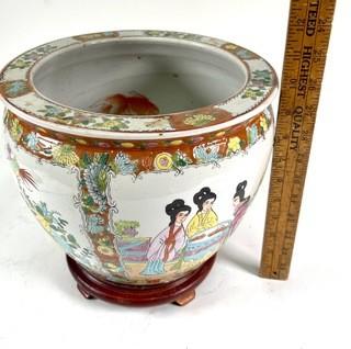 Chinese Hand Painted on White Ground Porcelain Koi Fish Bowl Planter with Makers Mark on Bottom. Measures 8" tall 10" diameter.