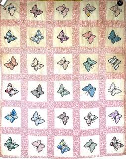 Hand Embroidered and Stitched Childs Quilt with Butterflies and Girl with Flowers. 34" x 40"