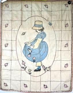 Hand Embroidered and Stitched Childs Quilt with Butterflies and Girl with Flowers. 34" x 40"