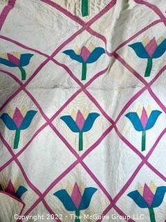 Vintage Hand Stitched Quilt in Flower Pattern, Some Stains From Storage.