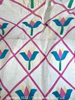 Vintage Hand Stitched Quilt in Flower Pattern, Some Stains From Storage.