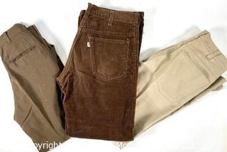 Three (3) Pairs of Vintage Junior Levi's Pants Including Corduroy and Sta-Prest.  Size Unmarked