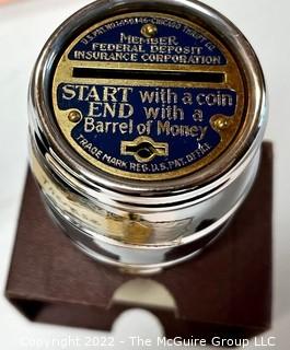 Eclectic grouping: Mo Udall Campaign Pin (1980}; Noritake China Spoon/Eyeglass Holder; Pocket Watch; Coin Bank; Paper Coin Holders