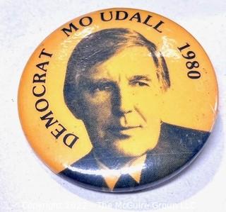 Eclectic grouping: Mo Udall Campaign Pin (1980}; Noritake China Spoon/Eyeglass Holder; Pocket Watch; Coin Bank; Paper Coin Holders