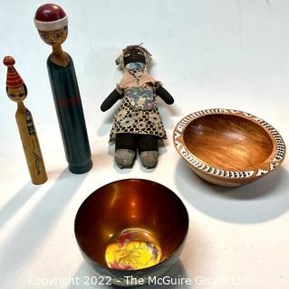 Five (5) Travel Souvenir Items Including Dolls and Bowls