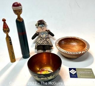 Five (5) Travel Souvenir Items Including Dolls and Bowls