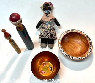 Five (5) Travel Souvenir Items Including Dolls and Bowls