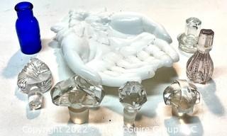 Milk Glass Hand Shaped Dish, Bottle and Glass Cruet Stoppers. 
