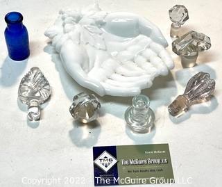 Milk Glass Hand Shaped Dish, Bottle and Glass Cruet Stoppers. 
