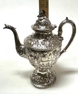 (Note: the finial weighs 75g and is likely not coin silver) Antique Coin Silver S. Kirk & Son 'Etruscan' Pattern Coffee Pot, c. 1855-61. 12" tall. Total Weight 1040 grams