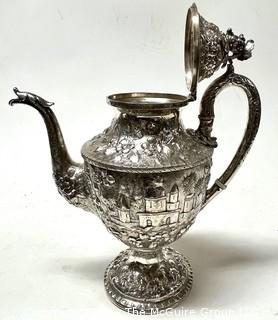 (Note: the finial weighs 75g and is likely not coin silver) Antique Coin Silver S. Kirk & Son 'Etruscan' Pattern Coffee Pot, c. 1855-61. 12" tall. Total Weight 1040 grams