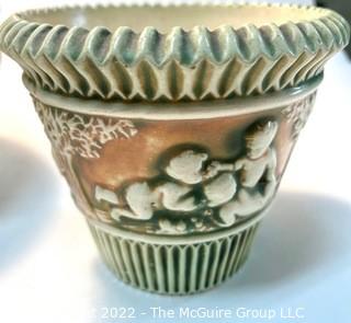 Three (3) Vintage Ceramic Pottery Planters Including Green Roseville Donatello 1916 Cherub Jardiniere Planters 