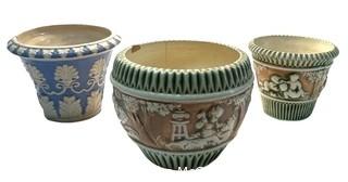 Three (3) Vintage Ceramic Pottery Planters Including Green Roseville Donatello 1916 Cherub Jardiniere Planters 