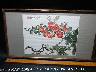 Framed Japanese print; signed and stamped 