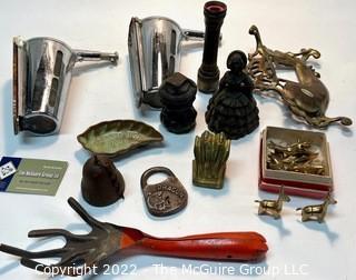 Vintage Soap Dispensers, Hand Bell, Ink Well Holder, Garden Tool Etc