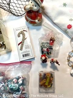 Group of Vintage Christmas Items Including Chicken Wire Deer, Table Cloth, Handmade Clay Beads, Jingle Bells, Flame Lights etc. 