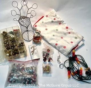 Group of Vintage Christmas Items Including Chicken Wire Deer, Table Cloth, Handmade Clay Beads, Jingle Bells, Flame Lights etc. 