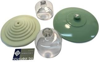 Two (2) Clear Glass Cloches, Jadeite Glass Casserole Pot Top and Jadeite Glass Lamp Base.