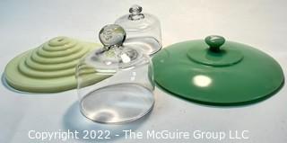 Two (2) Clear Glass Cloches, Jadeite Glass Casserole Pot Top and Jadeite Glass Lamp Base.