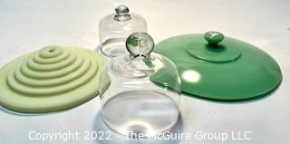 Two (2) Clear Glass Cloches, Jadeite Glass Casserole Pot Top and Jadeite Glass Lamp Base.