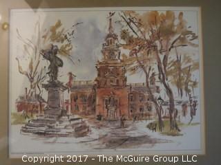 Set of 4 signed and framed prints of Fanueil Hall, Independence Hall, The Capitol - Williamsburg, and High Street, Harpers Ferry, WV (each 14 x 17")