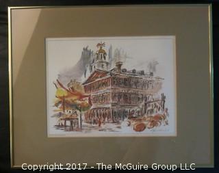 Set of 4 signed and framed prints of Fanueil Hall, Independence Hall, The Capitol - Williamsburg, and High Street, Harpers Ferry, WV (each 14 x 17")