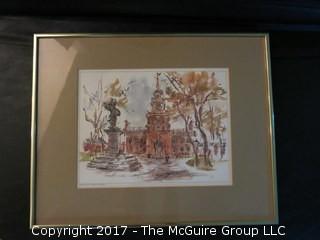 Set of 4 signed and framed prints of Fanueil Hall, Independence Hall, The Capitol - Williamsburg, and High Street, Harpers Ferry, WV (each 14 x 17")