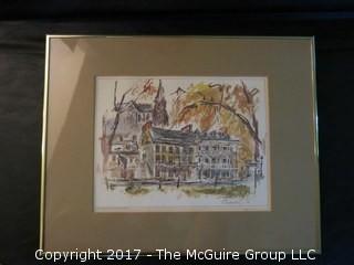 Set of 4 signed and framed prints of Fanueil Hall, Independence Hall, The Capitol - Williamsburg, and High Street, Harpers Ferry, WV (each 14 x 17")