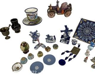 Decorative Porcelain Lot Includes Delft, Wedgwood Pin Dishes, Lacquer Egg, ETC