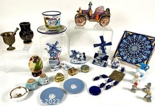 Decorative Porcelain Lot Includes Delft, Wedgwood Pin Dishes, Lacquer Egg, ETC