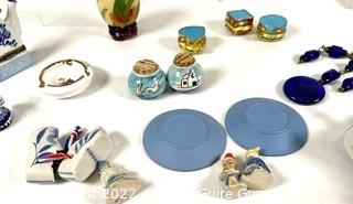 Decorative Porcelain Lot Includes Delft, Wedgwood Pin Dishes, Lacquer Egg, ETC