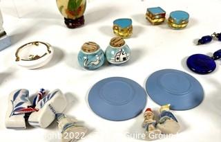 Decorative Porcelain Lot Includes Delft, Wedgwood Pin Dishes, Lacquer Egg, ETC