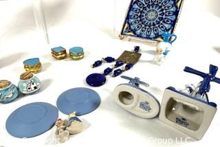 Decorative Porcelain Lot Includes Delft, Wedgwood Pin Dishes, Lacquer Egg, ETC