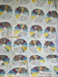 Vintage Hand Stitched Flour Sack Quilt in Dresden Plate Pattern, Some Stains From Storage.  70" x 