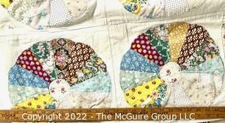 Vintage Hand Stitched Flour Sack Quilt in Dresden Plate Pattern, Some Stains From Storage.  70" x 