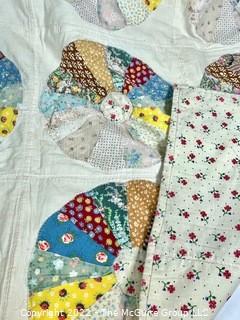 Vintage Hand Stitched Flour Sack Quilt in Dresden Plate Pattern, Some Stains From Storage.  70" x 