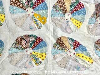 Vintage Hand Stitched Flour Sack Quilt in Dresden Plate Pattern, Some Stains From Storage.  70" x 