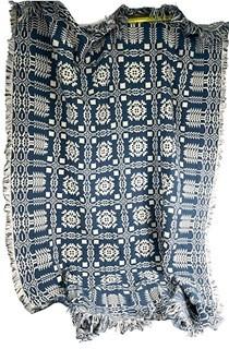 Goodwin Family Guild Weavers Woven Reversible Blue & White Geometric Cotton Coverlet  47" x 67" 