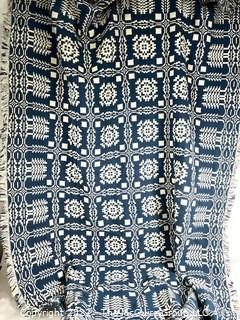 Goodwin Family Guild Weavers Woven Reversible Blue & White Geometric Cotton Coverlet  47" x 67" 