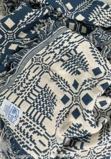 Goodwin Family Guild Weavers Woven Reversible Blue & White Geometric Cotton Coverlet  47" x 67" 