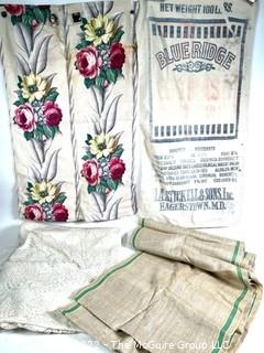 Group of Vintage Linens Including Lace Tablecloth (66" x 100"), Remnant of Linen Toweling Fabric (18" x 144"), Barkcloth and Flour Sack. 