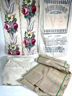 Group of Vintage Linens Including Lace Tablecloth (66" x 100"), Remnant of Linen Toweling Fabric (18" x 144"), Barkcloth and Flour Sack. 