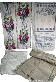 Group of Vintage Linens Including Lace Tablecloth (66" x 100"), Remnant of Linen Toweling Fabric (18" x 144"), Barkcloth and Flour Sack. 