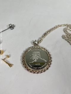 Sterling Silver and Gold Filled Jewelry.  Includes Sterling Silver Alaska Medal Pendant in Bezel with Chain, Gold Filled Baby Bracelet, Earrings and Jade Heart Pendant on Chain. 