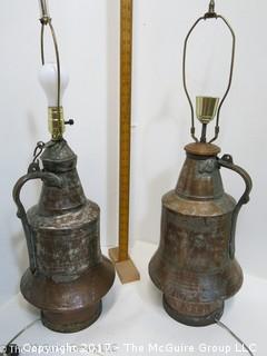 Pair of large handmade copper/tin table lamps