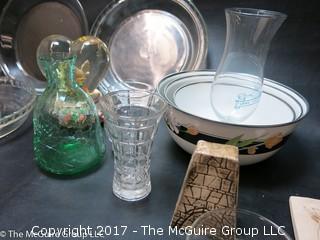 Collection including pyrex and green crackle glass pitcher 