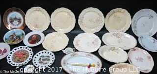 Assortment of collector plates bowls and a candy thermometer 