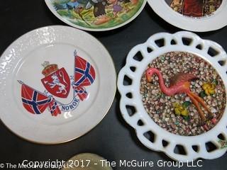 Assortment of collector plates bowls and a candy thermometer 